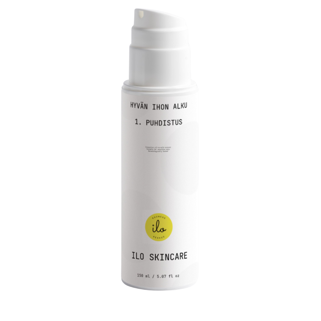 Vegaaninen ILO skincare 1 puhdistus pumppupullossa geeli-öljy koostumus, ecocert kosmetiikka, eläinkokeeton