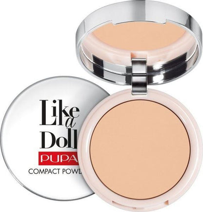 PUPA Milano Like a Doll Compact Powder – kevyt ja silkinpehmeä kiinteä puuteri, joka antaa mattapinnan ja luonnollisen hehkun. SPF15, sopii kaikille ihotyypeille.