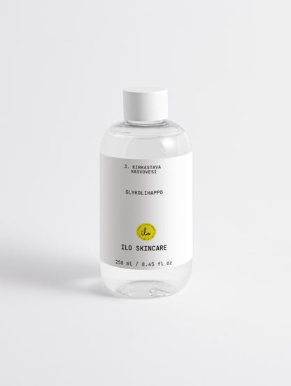 Glycolic Acid Exfoliating Toner – 5% glykolihappoinen nestemäinen kuorintavesi, kirkastaa ja tasoittaa ihon sävyä, 250 ml pullo.