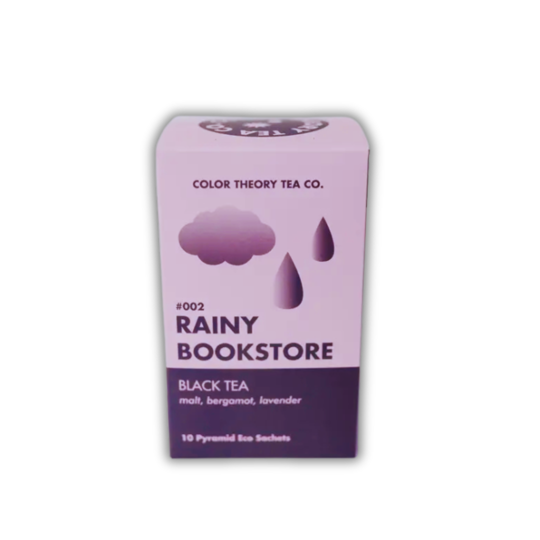 Rainy bookstore tee, luomutee, lahjaidea, laventelitee